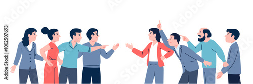 People group in conflict. Arguing between colleagues, aggressive business groups. Women man gesturing shouting, disputing and confrontation, recent vector scene