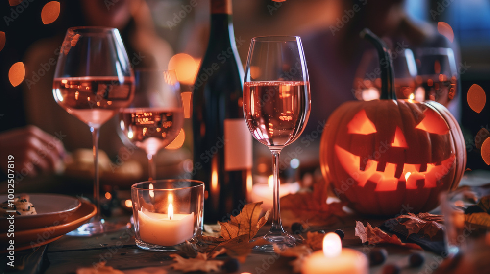 Halloween-themed party scene with illuminated jack-o'-lantern, wine glasses, and bokeh lights in the background Halloween-themed party scene with illuminated jack-o'-lantern, wine glasses, and bokeh lights in the background