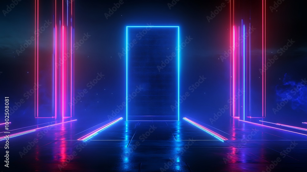 Futuristic doorway with vibrant neon lights in blue and pink, creating an ethereal atmosphere and digital essence. Futuristic doorway with vibrant neon lights in blue and pink, creating an ethereal atmosphere and digital essence.