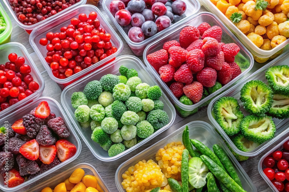 Frozen vegetables, fruits, and berries in plastic trays ready for cooking and healthy meal preparation Frozen vegetables, fruits, and berries in plastic trays ready for cooking and healthy meal preparation