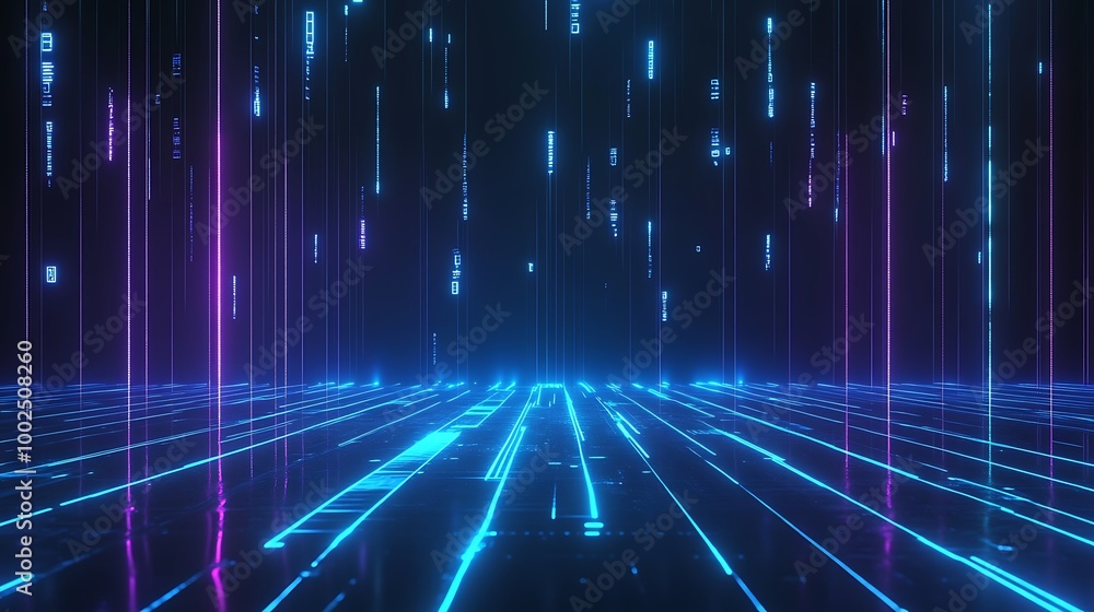 Futuristic glowing lines and particles creating a digital landscape with vibrant blue and purple neon lights. Futuristic glowing lines and particles creating a digital landscape with vibrant blue and purple neon lights.