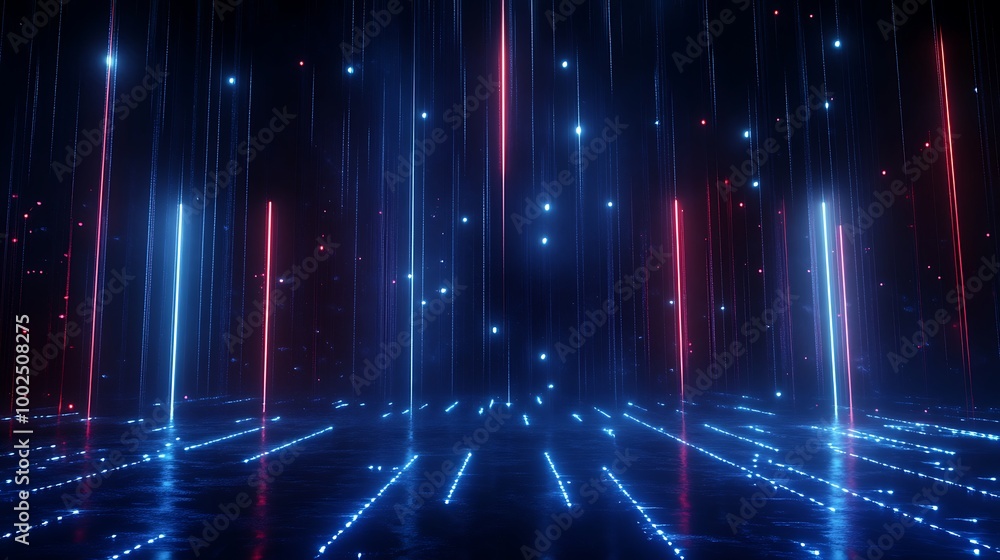 Futuristic glowing lines create a vibrant digital landscape with blue and red accents against a dark background. Futuristic glowing lines create a vibrant digital landscape with blue and red accents against a dark background.