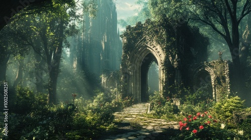 Overgrown Stone Archway Leading Into a Lush Forest