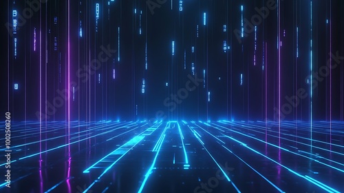 Futuristic glowing lines and particles creating a digital landscape with vibrant blue and purple neon lights.