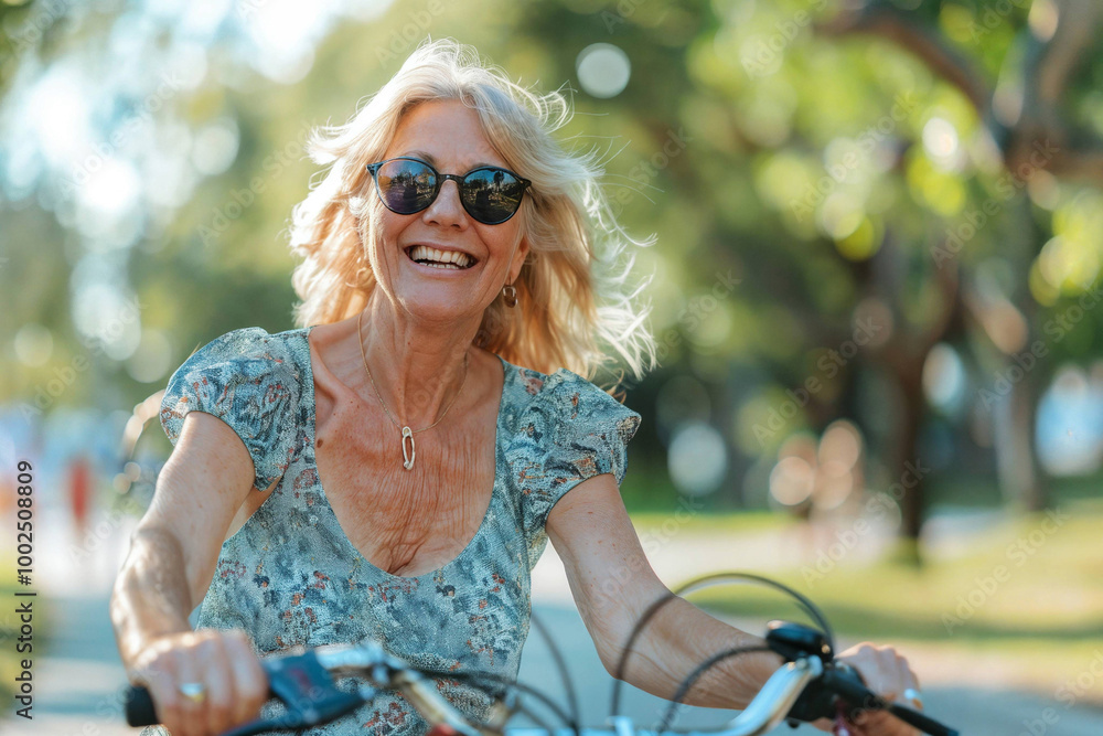 Cheerful senior woman enjoying a bicycle ride outdoors, showcasing vitality and a vibrant retirement lifestyle in a sunny park setting Cheerful senior woman enjoying a bicycle ride outdoors, showcasing vitality and a vibrant retirement lifestyle in a sunny park setting