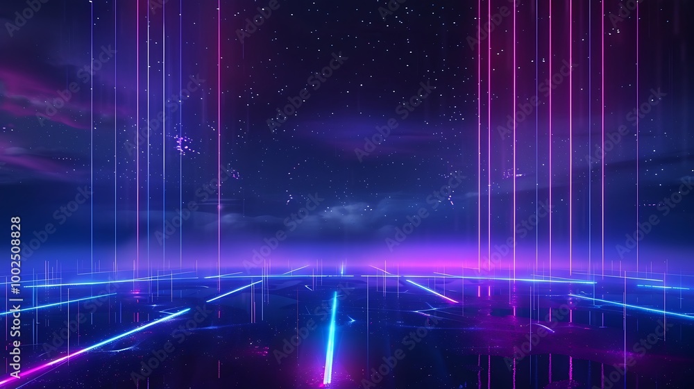 Futuristic landscape with neon lines and cosmic background, perfect for technology and digital art themes. Futuristic landscape with neon lines and cosmic background, perfect for technology and digital art themes.