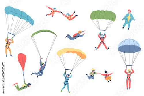 Skydiver characters. Professional skydivers jumping with parachutes. Extreme sport or recreation. Parachuting, flat skydiving recent vector set