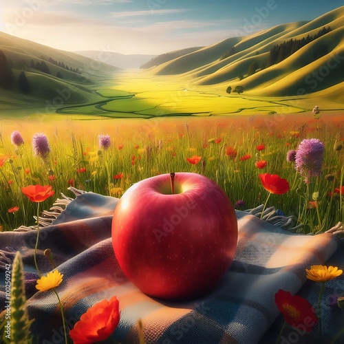 A breathtaking landscape scene with a Fuji apple prominently placed on a picnic blanket in a sprawling meadow, surrounded by wildflowers and gently rolling hills. photo