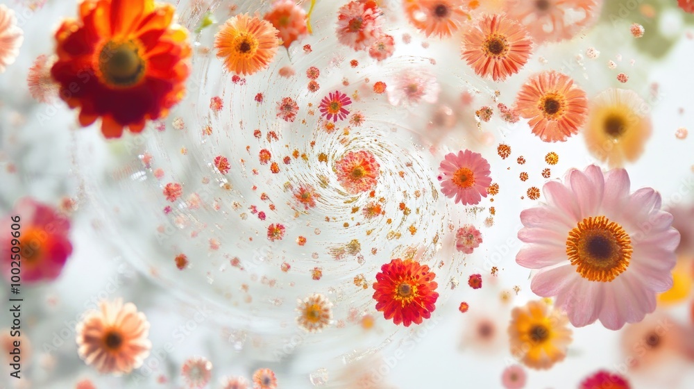 Fototapeta premium Swirling trails of vibrant tiny flowers create a mesmerizing abstract pattern, floating gracefully on a white background