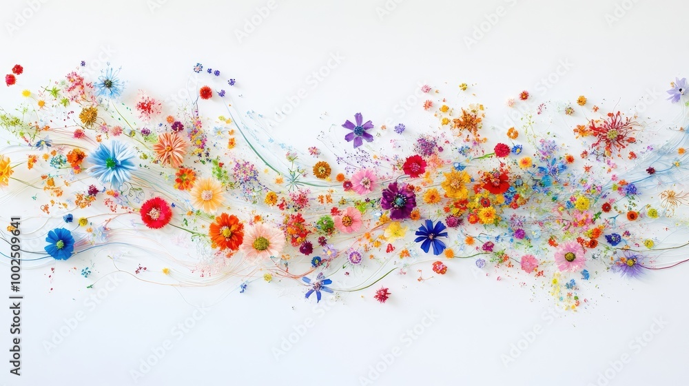 Fototapeta premium Tiny, colorful flowers in swirling trails form an intricate abstract pattern, set against a pure white backdrop during an artistic display