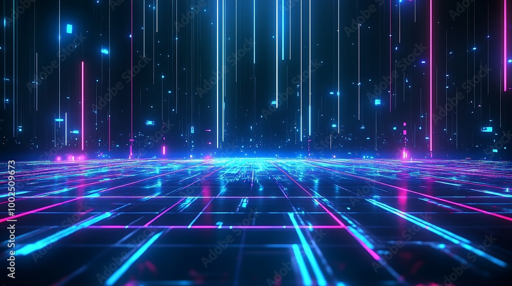 Futuristic neon digital landscape with glowing lines and grid pattern, creating a vibrant, immersive atmosphere. Futuristic neon digital landscape with glowing lines and grid pattern, creating a vibrant, immersive atmosphere.