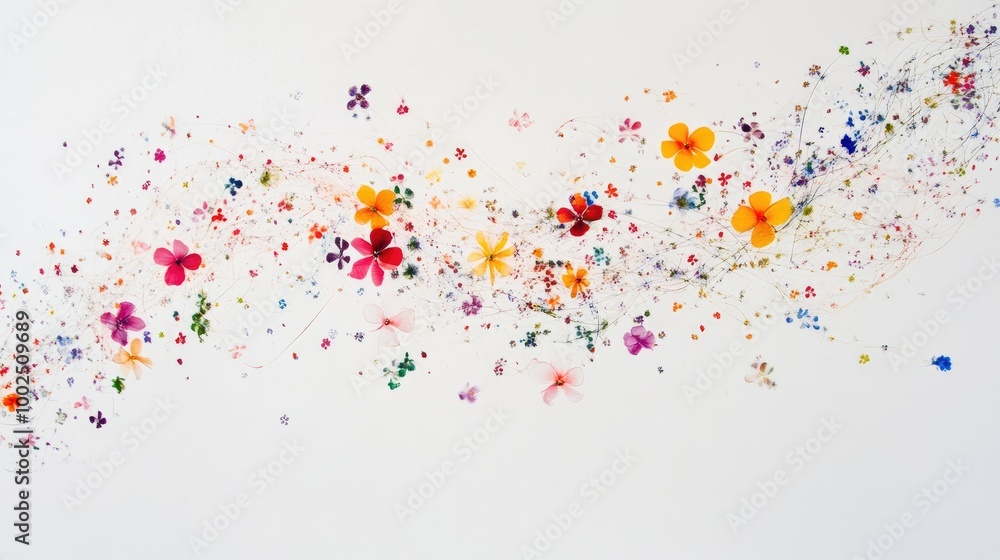 Tiny, colorful flowers swirling in intricate trails, creating a captivating abstract pattern on a white background during an artistic performance Tiny, colorful flowers swirling in intricate trails, creating a captivating abstract pattern on a white background during an artistic performance