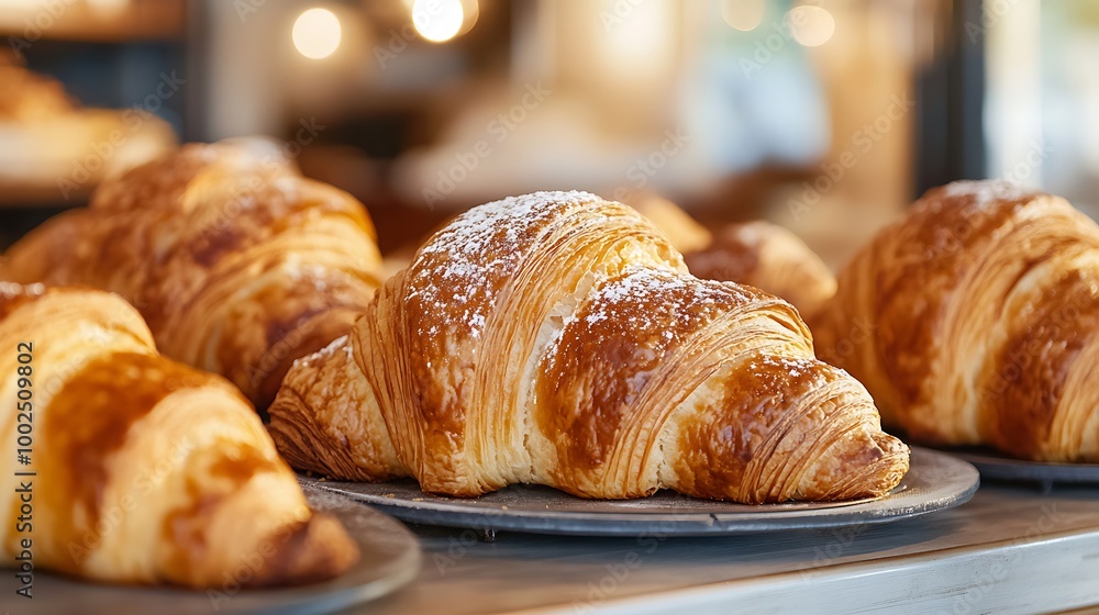 close-up shot of freshly baked croissants on a bakery counter, with golden, flaky layers and a dusting of powdered sugar close-up shot of freshly baked croissants on a bakery counter, with golden, flaky layers and a dusting of powdered sugar