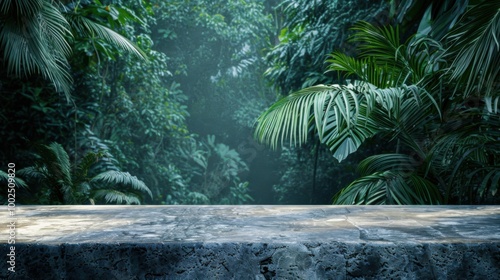 Fototapeta Naklejka Na Ścianę i Meble -  Stone countertop on forest jungle background for beauty products. Empty luxury marble countertop mockup. Premium ad design template.