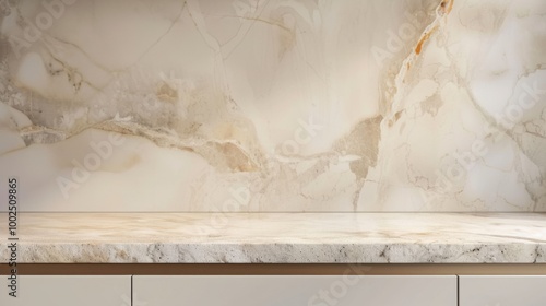 Kitchen beige marble tabletop on wall background for product presentation. Concrete empty countertop in studio for cosmetics and food advertisement design.