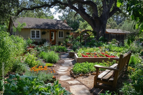 A serene garden setting featuring a cozy cottage and vibrant flower beds.