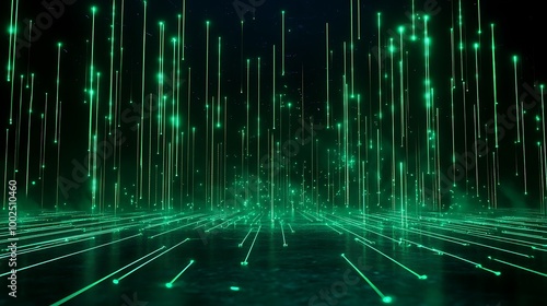 Futuristic neon green digital lines and particles in a dark environment, creating a tech-inspired atmosphere.