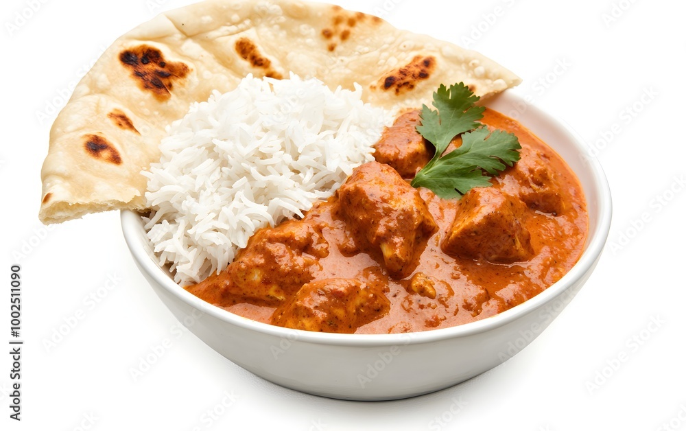 A gourmet chicken tikka masala served with basmati rice and naan bread A gourmet chicken tikka masala served with basmati rice and naan bread