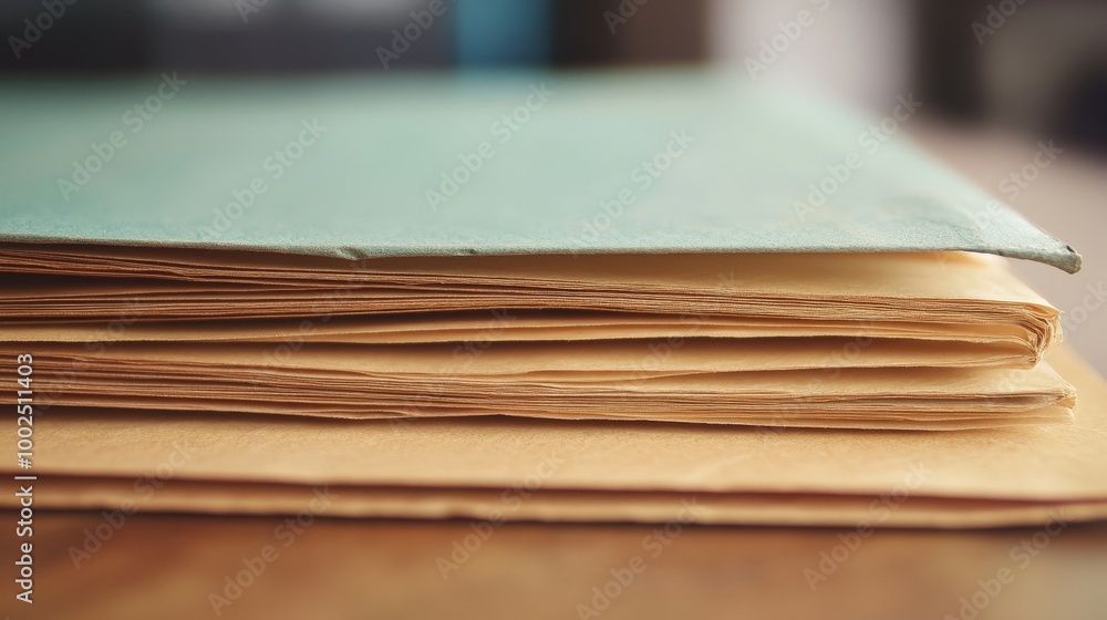 A stack of yellow and green paper with a brown edge A stack of yellow and green paper with a brown edge