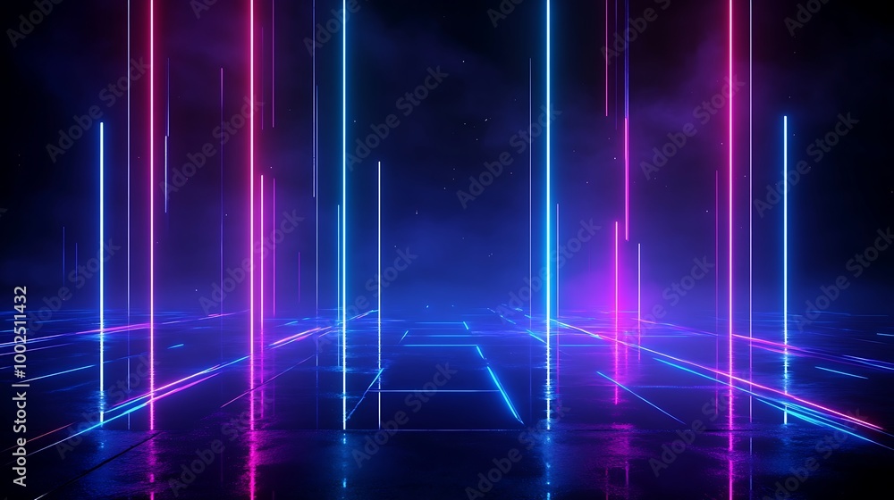 Futuristic neon light backdrop with colorful beams and gradient for creative projects. Futuristic neon light backdrop with colorful beams and gradient for creative projects.
