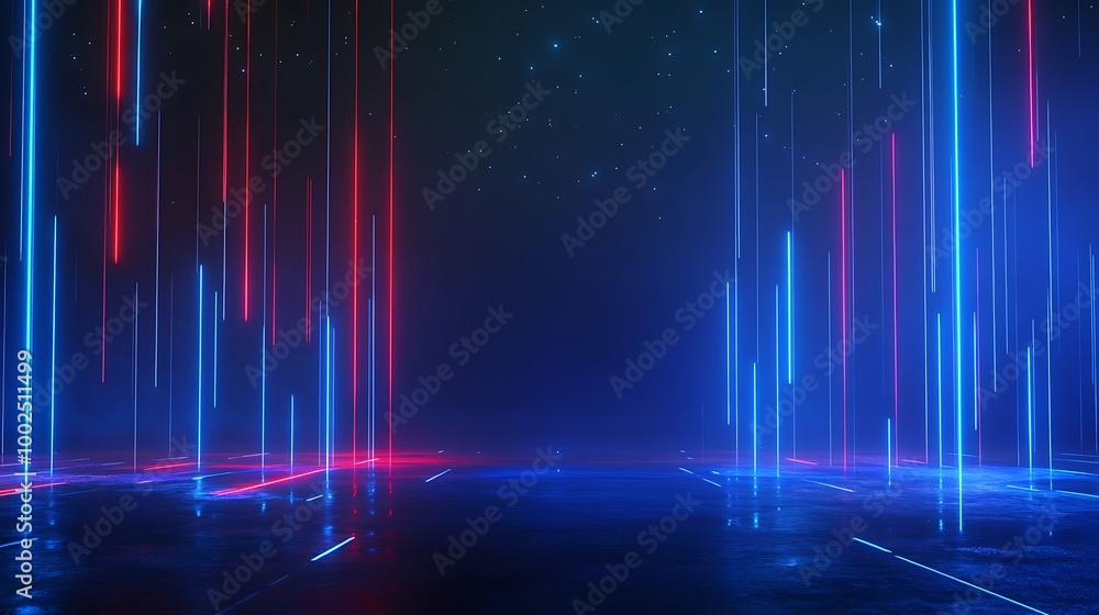 Futuristic neon light background with blue and red vertical lines creating a digital atmosphere. Futuristic neon light background with blue and red vertical lines creating a digital atmosphere.