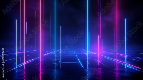 Futuristic neon light backdrop with colorful beams and gradient for creative projects.