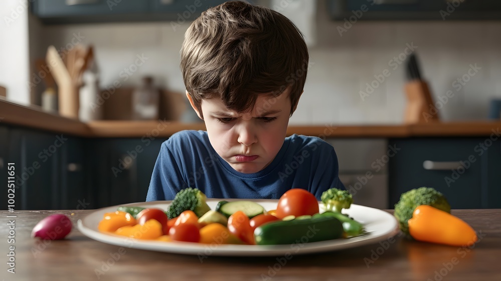 Child sitting at table frowning at plate of food, surrounded by untouched vegetables and fruits, showing reluctance and hesitation, representing the concept of picky eating. Child sitting at table frowning at plate of food, surrounded by untouched vegetables and fruits, showing reluctance and hesitation, representing the concept of picky eating.