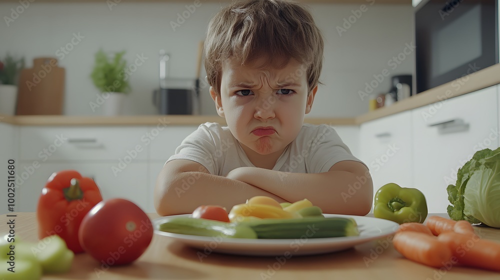 Child sitting at table frowning at plate of food, surrounded by untouched vegetables and fruits, showing reluctance and hesitation, representing the concept of picky eating. Child sitting at table frowning at plate of food, surrounded by untouched vegetables and fruits, showing reluctance and hesitation, representing the concept of picky eating.