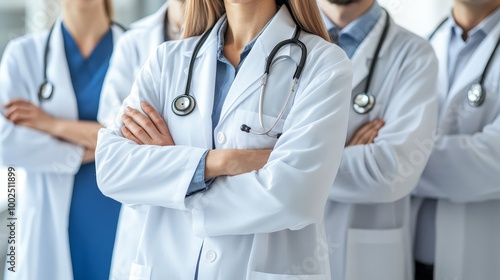 A group of doctors stand together in a line, all wearing white coats