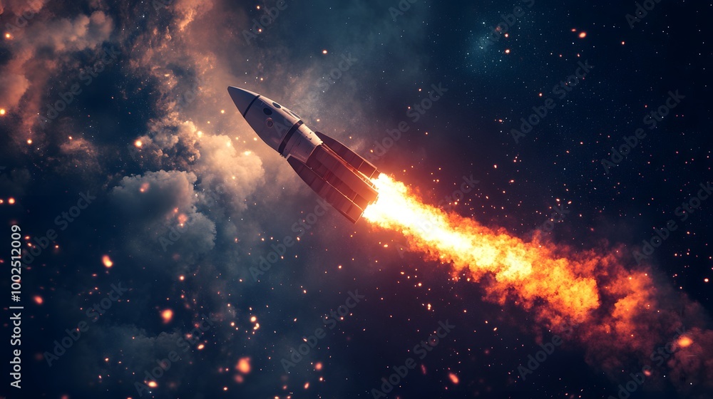 A rocket launching into space with a trail of smoke and flames A rocket launching into space with a trail of smoke and flames