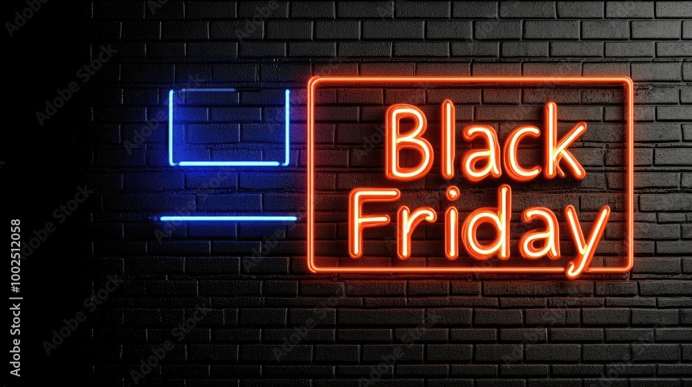 A neon Black Friday sign illuminates a cyberpunk city street against a dark black brick wall, creating a vibrant night atmosphere A neon Black Friday sign illuminates a cyberpunk city street against a dark black brick wall, creating a vibrant night atmosphere