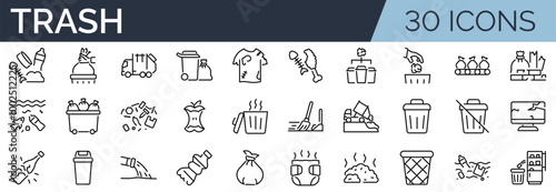 Set of 30 outline icons related to trash. Linear icon collection. Editable stroke. Vector illustration