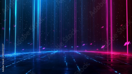 Futuristic neon light beams illuminating a digital space, ideal for tech and sci-fi themes.