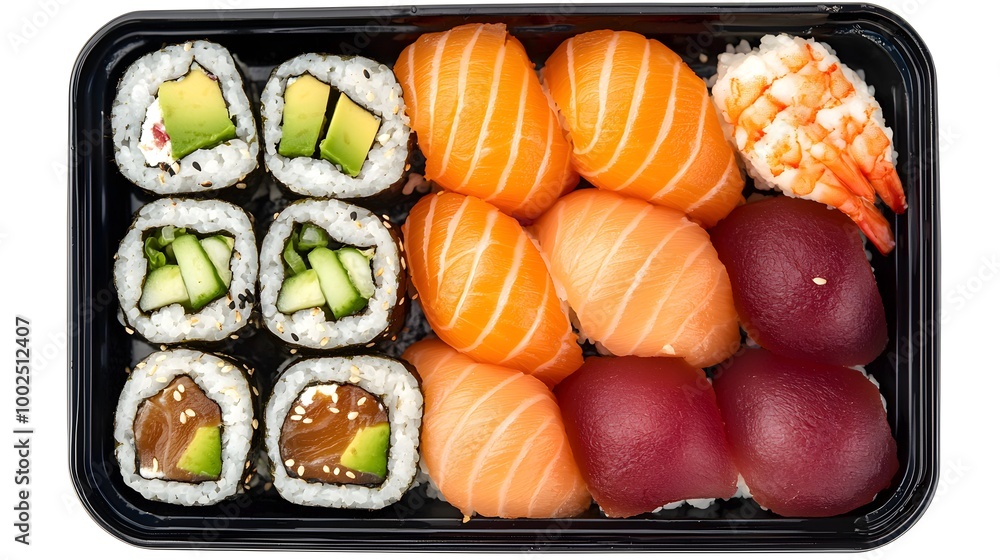 A top-down view of a traditional sushi platter with tuna, salmon, and avocado rolls, arranged neatly A top-down view of a traditional sushi platter with tuna, salmon, and avocado rolls, arranged neatly