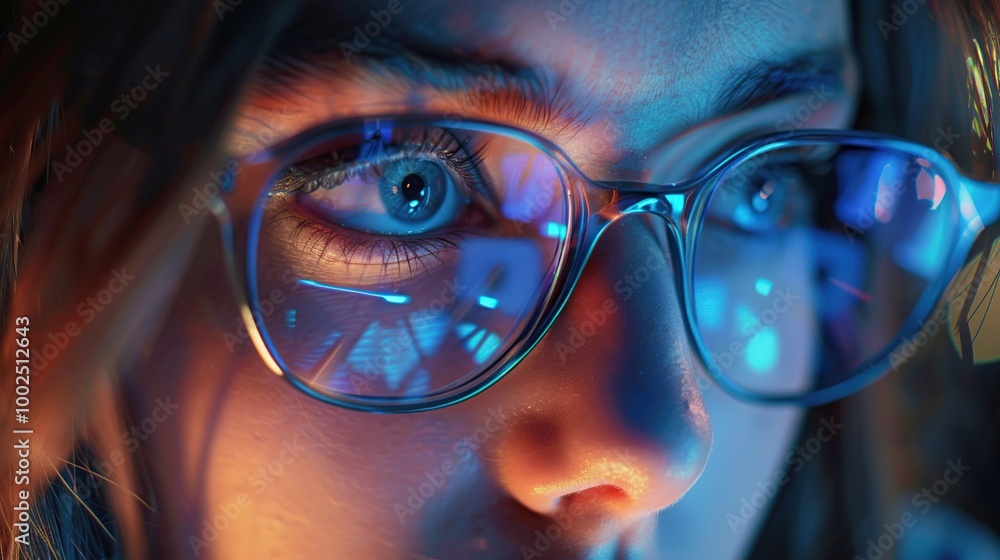 Close-up of a Woman's Eye with Glasses Reflecting Blue Light Close-up of a Woman's Eye with Glasses Reflecting Blue Light