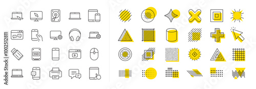 Laptop, Tablet PC and Smartphone icons. Design shape elements. Mobile device line icons. HDD, SSD and Flash drive. Headphones, Printer and tablet device. Mouse, ssd disk, mobile laptop. Vector
