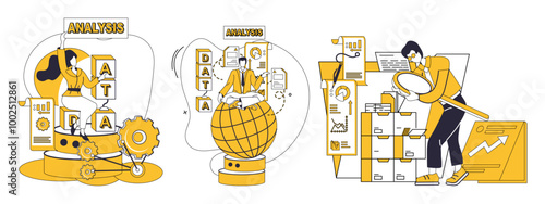 Big data vector illustration. Data mining, digital prospector, unearths gems from vast mines information Analyzing, detectives lens, deciphers hidden codes within big data mysteries
