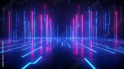 Futuristic neon light landscape with vertical lines and glowing patterns on a dark background.