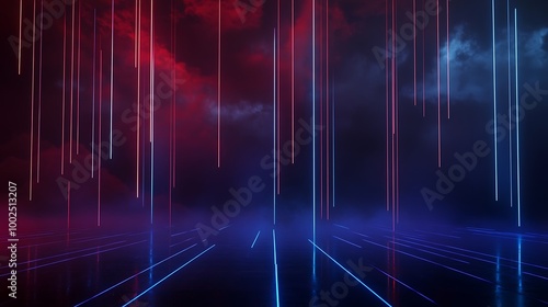 Futuristic neon light rays create a vibrant atmosphere with red and blue hues against a dark background.