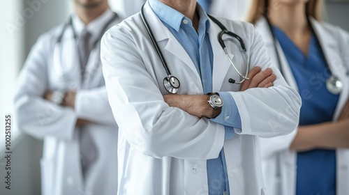 A group of doctors are standing together, one of them wearing a watch