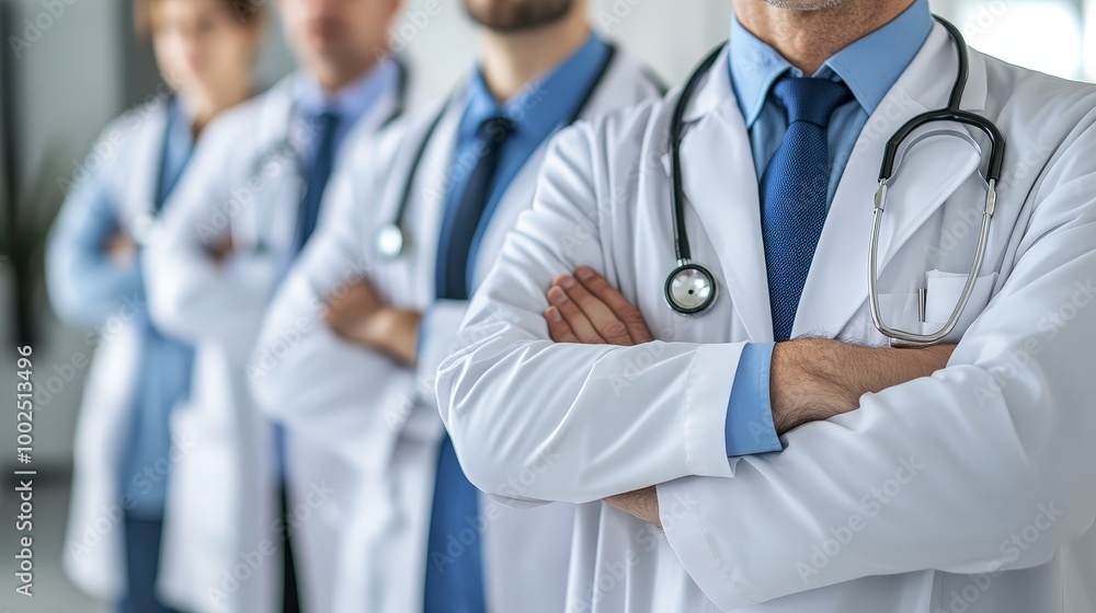 A group of doctors stand together in a line, all wearing white coats A group of doctors stand together in a line, all wearing white coats