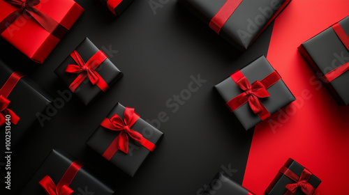 Black friday sales concept. Top view on composition of black gift boxes with red ribbon