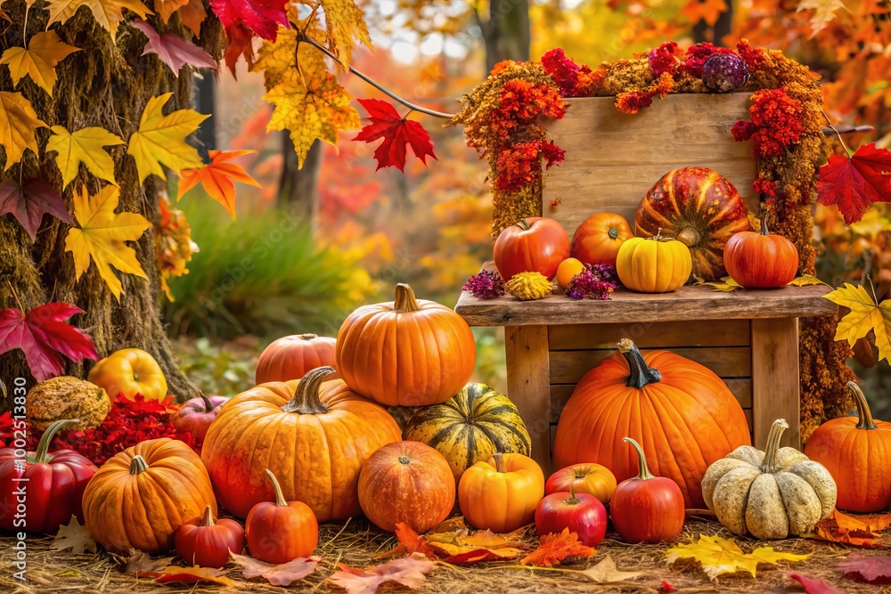 Grateful hearts gather here! Celebrate Thanksgiving with beautiful autumn leaves and pumpkins, creating a warm Grateful hearts gather here! Celebrate Thanksgiving with beautiful autumn leaves and pumpkins, creating a warm