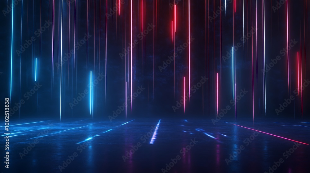 Futuristic neon lights create a dynamic and vibrant atmosphere in a dark setting. Futuristic neon lights create a dynamic and vibrant atmosphere in a dark setting.