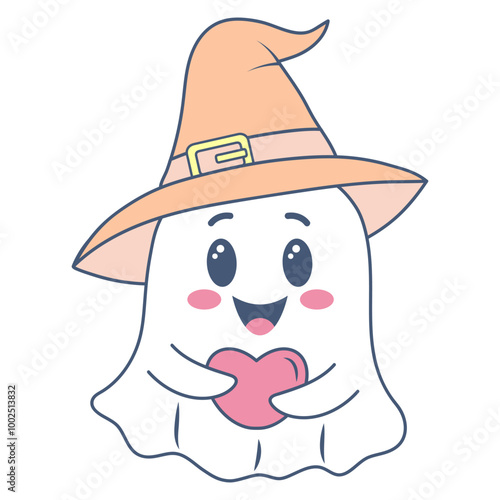 Halloween ghost in cute kawaii style. Funny spirit in hat holding heart isolated on white background.