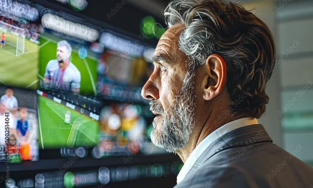 Mature Man Watching Football Match on Multiple Screens in Sports Bar Mature Man Watching Football Match on Multiple Screens in Sports Bar