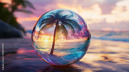 Stunning glass sphere with vibrant palm tree reflection image