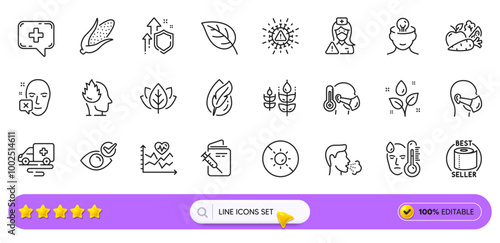 Organic tested, Face declined and No sun line icons for web app. Pack of Nurse, Stress, Check eye pictogram icons. Medical chat, Toilet paper, Coronavirus signs. Ambulance transport. Vector