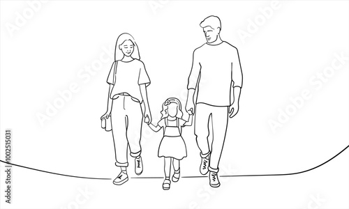 Happy family with children continuous line art drawing isolated on white background. Mothers Day. Vector illustration	