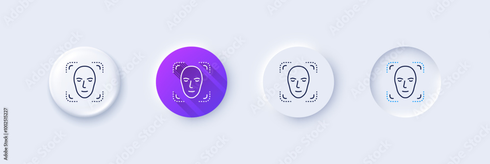 Face detection line icon. Neumorphic, Purple gradient, 3d pin buttons. Head recognition sign. Identification symbol. Line icons. Neumorphic buttons with outline signs. Vector Face detection line icon. Neumorphic, Purple gradient, 3d pin buttons. Head recognition sign. Identification symbol. Line icons. Neumorphic buttons with outline signs. Vector